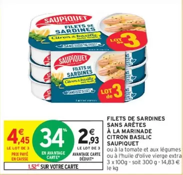 saupiquet - filets de sardines sans arêtes à la marinade citron basilic