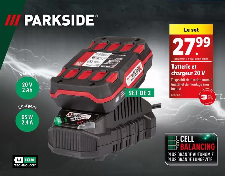 parkside - batterie et chargeur  20 v 