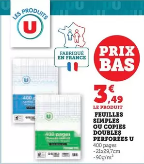 u - feuilles simples ou copies doubles perforées