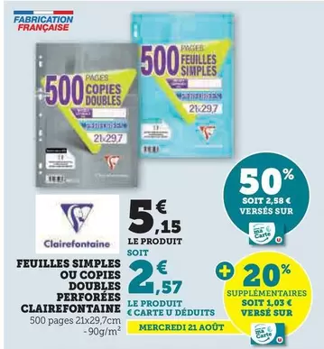 Clairefontaine - Feuilles simples ou copies doubles perforées en promo