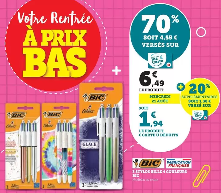 BIC - 3 Stylos Bille 4 Couleurs 