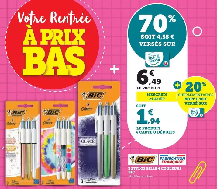 BIC - 3 Stylos Bille 4 Couleurs