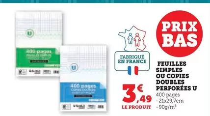 U - Feuilles Simples Ou Copies Doubles Perforées 