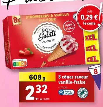 Bon Gelati - 8 Cônes Saveur Vanille Fraise