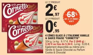 Algida - 4 Cônes Glace À L'Italienne Vanille & Sauce Fraise Cornetto - Délice glacé en promo