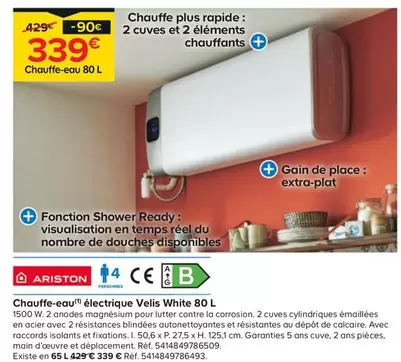 ariston - chauffe-eau electrique velis white 80 l