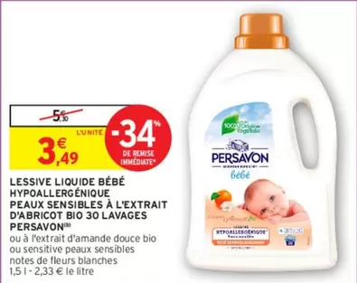 Persavon - Lessive Liquide Bébé Hypoallergénique aux Extraits d'Abricot Bio - 30 Lavages pour Peaux Sensibles