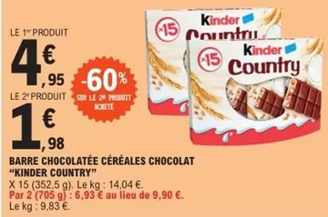 Kinder Barre Chocolatée Céréales Chocolat Country - Délicieuse barre chocolatée avec céréales, parfaite pour une pause gourmande!