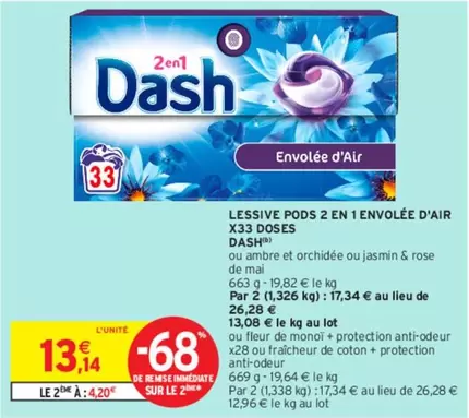 Dash Lessive Pods 2 En 1 Envolée D'air - X33 Doses, Promo Efficacité Maximale pour un Linge Parfait