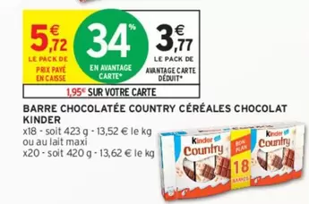 Kinder Barre Chocolatée Country Céréales Chocolat - Délicieuse combinaison de chocolat et de céréales