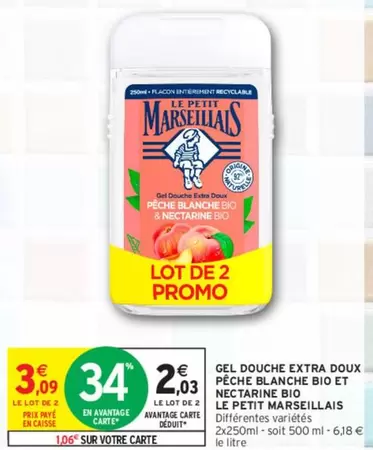 Gel Douche Extra Doux Pêche Blanche Bio & Nectarine Bio - Le Petit Marseillais