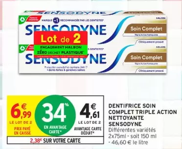 Sensodyne Dentifrice Soin Complet Triple Action Nettoyante - Soin des dents sensibles avec nettoyage approfondi