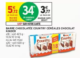 Kinder - Barre Chocolatée Country Céréales Chocolat : croustillante et chocolatée, idéale pour les amateurs de saveurs sucrées et de textures variées.