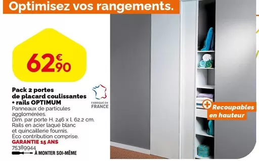 Pack 2 Portes De Placard Coulissantes +Rals Optimum offre à 62,9€ sur Weldom