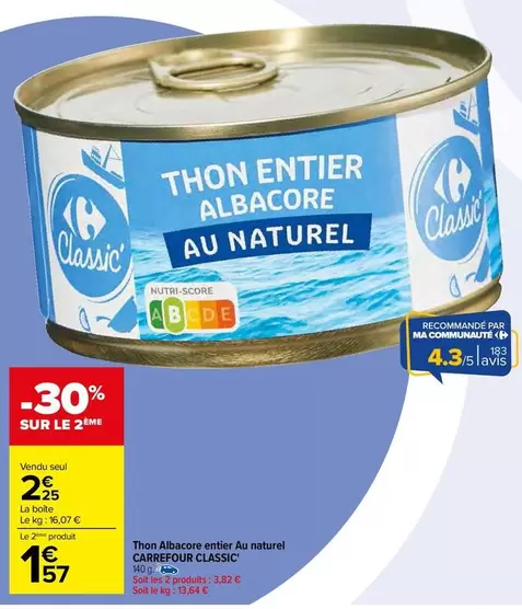 Carrefour - Thon Albacore Entier Au Naturel Classic