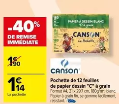 Canson - Pochette de 12 Feuilles de Papier Dessin 'C' à Grain - Idéal pour artistes, texture grainée pour des dessins détaillés