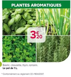 PLANTES AROMATIQUES 3 20 Basilic, ciboulette, thym, romarin. Le pot de 1 L. * Conformément au règlement CE n°834/2007. offre à 3,2€ sur Kiriel