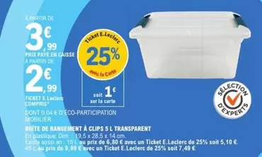 Boîte De Rangement À Clips 5 L Transparent offre à 2,99€ sur E.Leclerc