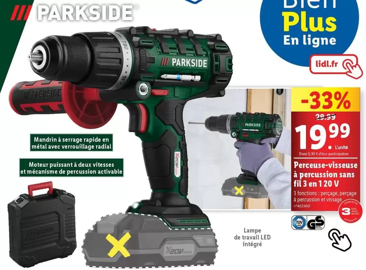 Parkside - Perceuse-visseuse à percussion filaire 3 en 1 20 V avec promo exceptionnelle