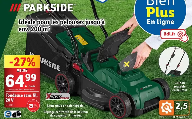 parkside - tondeuse sans fil, 20 v