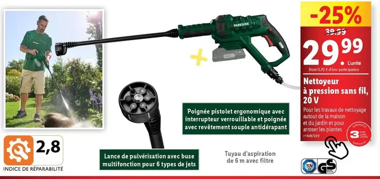 parkside - nettoyeur à pression sans fil, 20 v