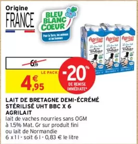 Agrilait - Lait de Bretagne Demi-écrémé Stérilisé UHT x6 - Promo Spéciale