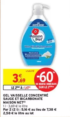 Maison Net - Gel Vaisselle Concentré avec Sauce et Bicarbonate : Nettoyage Efficace et Écologique