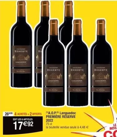 Première Réserve A.O.P. Languedoc 2022 - Vin d'exception en promotion