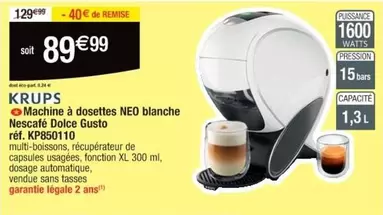 Krups Neo Blanche - Machine à dosettes Nescafé Dolce Gusto KP850110 avec promo et caractéristiques