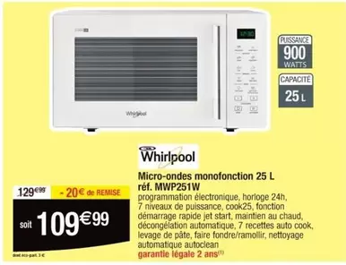 Whirlpool - Micro-ondes Monofonction 25 L Mwp251w