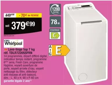 Whirlpool - Lave-linge Top 7 Kg TDLR7220SSFRN