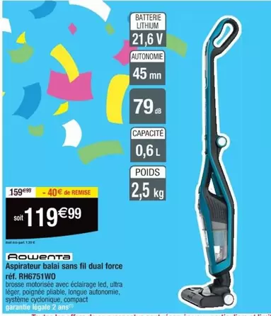 Rowenta Aspirateur Balai Sans Fil Dual Force RH67310W - Performance et Flexibilité au Quotidien