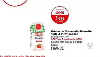 Elle & Vire - Crème De Normandie Fleurette Entière : une crème entière au goût authentique, idéale pour vos recettes gourmandes.