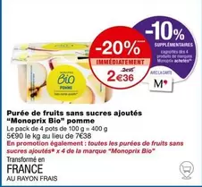 Monoprix - Purée de Fruits Bio Pomme Sans Sucres Ajoutés