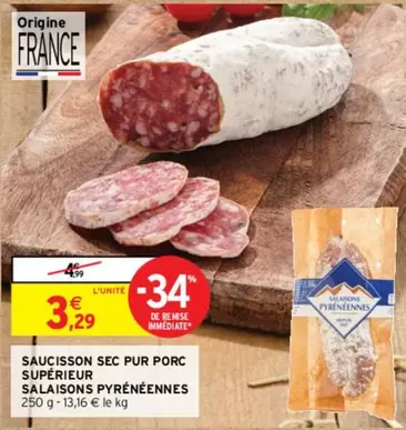 Pyrénéennes - Saucisson Sec Pur Porc Supérieur : Promo Salaisons de Qualité