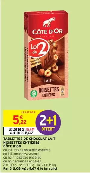 Côte d'Or - Tablettes de Chocolat Lait Noisettes Entières : Délicieux chocolat au lait avec de savoureuses noisettes entières