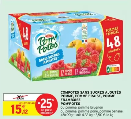 Pom'potes : Compotes Sans Sucres Ajoutés - Pomme, Pomme Fraise, Pomme Framboise