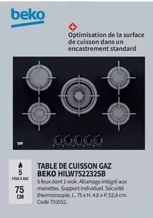 beko - table de cuisson gaz hilw752232sb