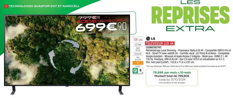 LG - Téléviseur Led 4K 55QNED85T6C offre à 699,9€ sur Extra