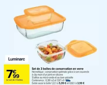 Luminarc - Set de 3 Boîtes de Conservation en Verre : Idéal pour conserver vos aliments avec style et efficacité