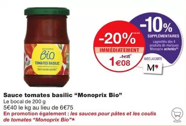 Monoprix - Sauce Tomates Basilic Bio offre à 1,08€ sur Monoprix