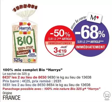 Harry'S - 100% Mie Complet Bio offre à 3,19€ sur Monoprix