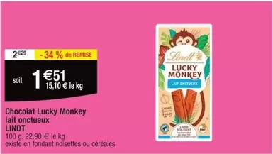 Lindt - Chocolat Lucky Monkey Lait Onctueux