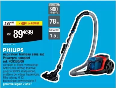 Philips Powerpro Compact FG9330/09 - Aspirateur Traineau Sans Sac, performant et compact pour un nettoyage efficace