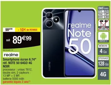 Realme Note 50 - Smartphone 6.74 64Go 4G Noir