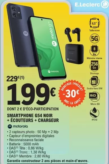 E.Leclerc - Smartphone G54 Noir avec Écouteurs et Chargeur : Promo spéciale sur un ensemble complet