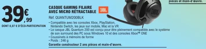 JBL Casque Gaming Filaire avec Micro Rétractable - Performance Audio Optimale pour Gamers