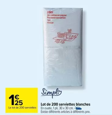 Simply - Lot De 200 Serviettes Blanches