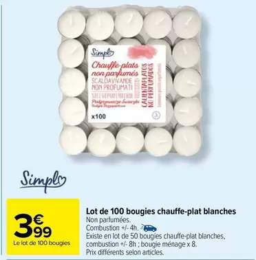 Lot de 100 Bougies Chauffe-plat Blanches Simply - Simpl : parfaites pour une ambiance chaleureuse