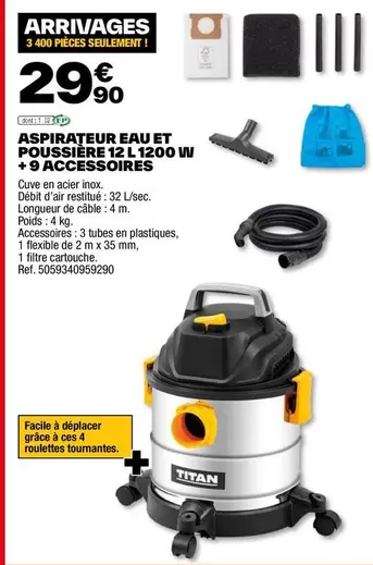 Aspirateur Eau Et Poussière 12 L'1200 Uv avec 9 Accessoires - Performance optimale pour un nettoyage complet